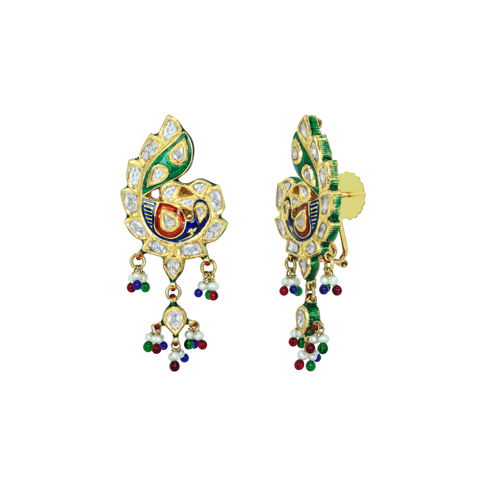Peacock Polki Earrings with Multicolour Enamel and Bead Drops